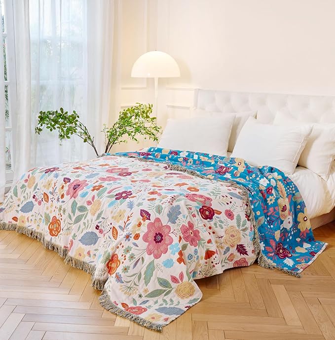 Boho Throw Blanket - 100% Cotton Soft Breathable Throw Spring Blankets, 50"x60" 4-Layer Lightweight Muslin Cotton Quilt, Floral Printed Bohemian Decor Throw Blankets for All Season
