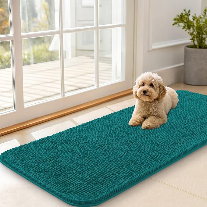 OLANLY Dog Door Mat for Muddy Paws 47x20, Absorbs Moisture and Dirt, Absorbent Non-Slip Washable Doormat, Quick Dry Chenille Mud Mat for Dogs, Entry Indoor Entryway Carpet for Inside Floor, Lake Blue by OLANLY