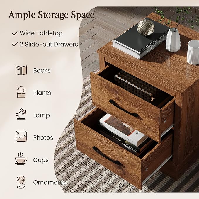Giantex Farmhouse Nightstand, Wood Bedside Table with 2 Storage Drawers, Compact Floor Night Stand End Table, Walnut Accent Sofa Side Table for Bedroom - Image 6
