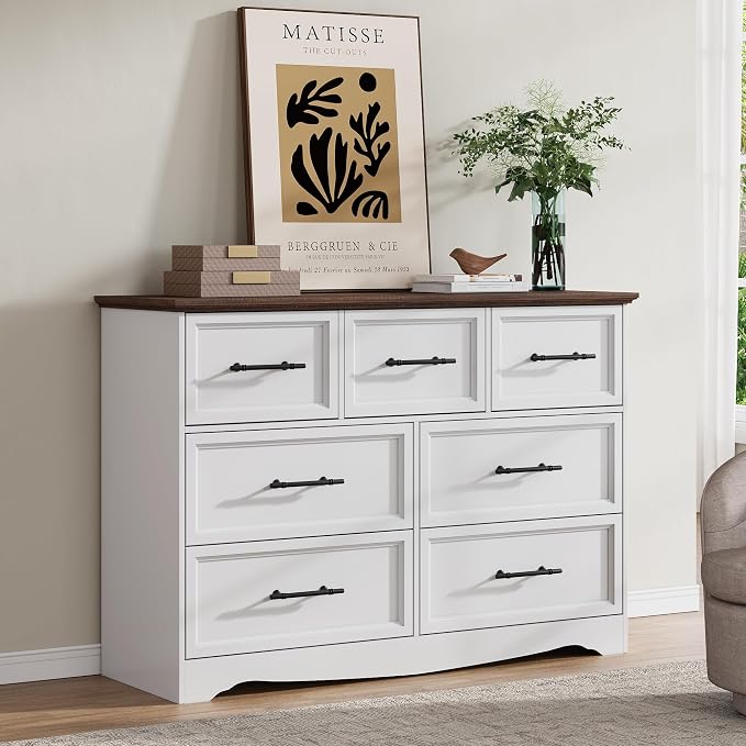 White Dresser for Bedroom, Modern 7 Chest of Drawers, 47" Wide Chest of Drawers w/Brushed Metal Handle, Wood Closet Organizers and Storage Cabinet for Bedroom, Living Room, Hallway - Image 7