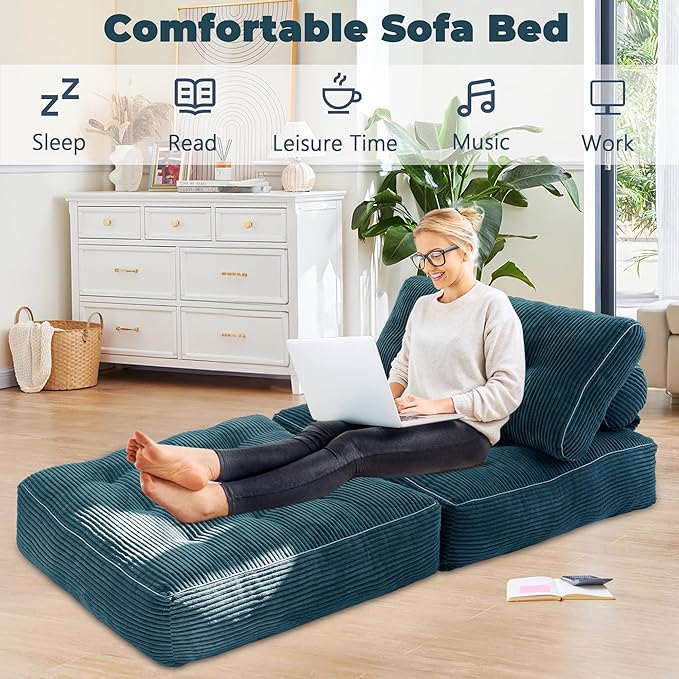 Folding Sofa Bed,Convertible Sleeper Chair for Adults, Folding Sofa Bed Foam Filling Couch with Pillow，Sleeper Chairs Single Size Floor Mattress,Dark Blue