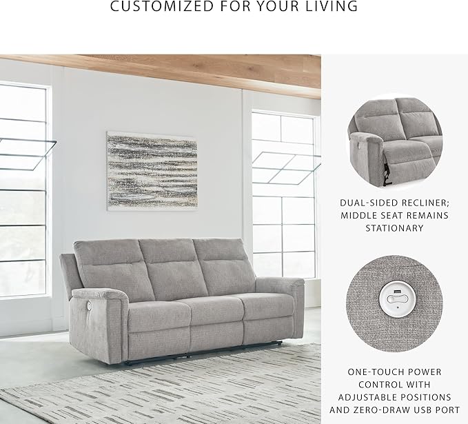 Signature Design by Ashley Barnsana Minimalist Power Reclining Sofa with USB Charging Ports, Light Gray