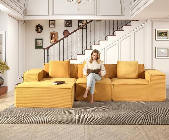 Compressed Sofa L Sectional, 112" Modular Cloud Couch with Ottoman, 23.2" Deep Seat Corduroy High-Back L-Shaped Sectional for Living Room/Bedroom, No Assembly, Ginger Yellow