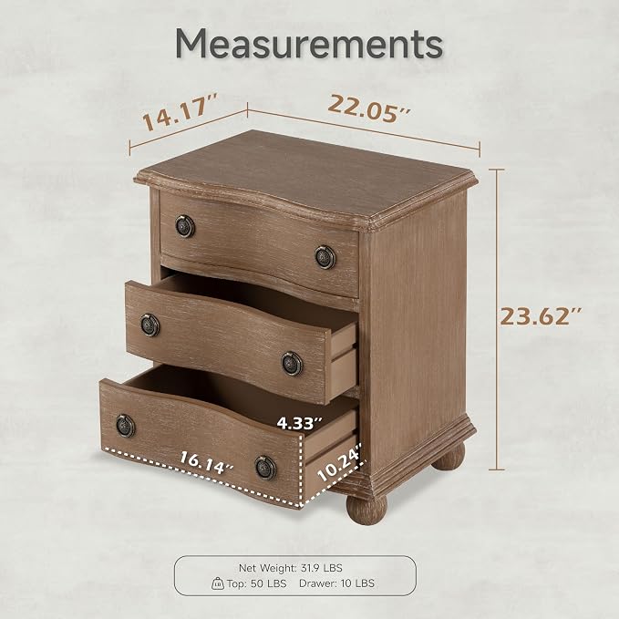 COZAYH Farmhouse 3 Drawer Nightstand with Distressed Wood Finish, Rustic Vintage Small Dresser with Curved Front Design, Solid Pine Base for Bedroom, Almost Fully Assembled, Transitional, Brown - Image 2