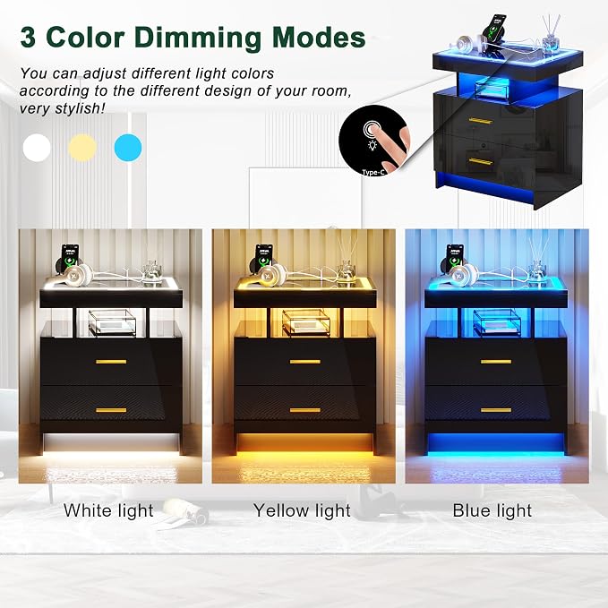HNEBC LED Nightstand with Charging Station (USB,Type-C Ports) High Gloss Bedside Table with 2 Drawers, Smart Night Stand with Auto Sensor Lights,Modern Bed Side Table for Bedroom (Black) - Image 5