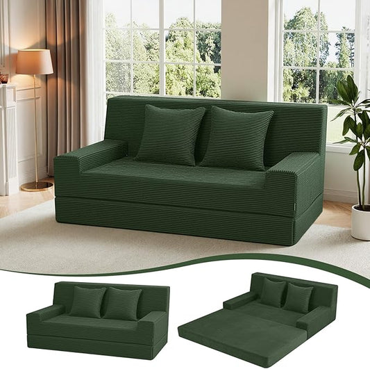 MeMoreCool Boneless Loveseat Sofa Bed – Dark Green Corduroy Convertible Futon Couch, Foldable Floor Sleeper with Foam & Pillow, Washable Cover for Bedroom, Apartment, Small Living Room