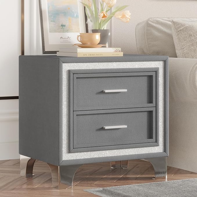 Bellemave 2-Drawer Nightstand with Silver Glitter Strip Decor and Metal Legs, Vintage Upholstered Nightstand, Velvet Bedside Table for Bedroom (Grey) by Bellemave