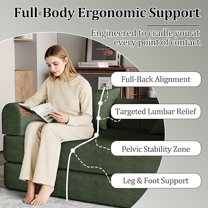 53.15'' Convertible Compressed Corduroy Folding Cloud Sofa Bed, Modern Boneless Pull Out Loveseat Sleeper in a Box, 4 in 1 Floor Mattress Futon Cloud Couch, No Assembly Needed, Green, 2 Pillows, Full