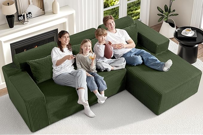Homguava Modular Sectional Couches for Living Room,105" Cloud Couch with L-Shape Chaise,Comfy Sofa Living Room Sofas with Deep Seat,No Assembly L Couch,Corduroy Fabric(Green,R)