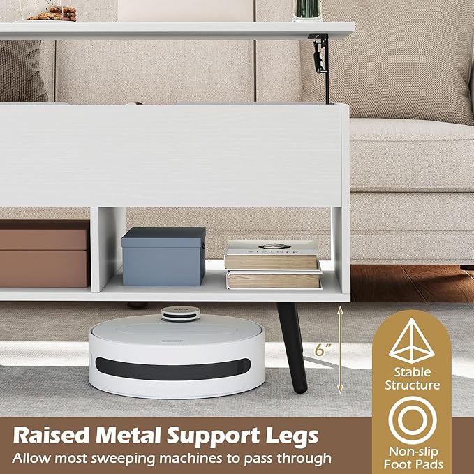 Giantex Lift Top Coffee Table, Modern Cocktail Table w/Hidden Compartment & 2 Open Shelves, Flip Top Center Table, Wooden Pull up Coffee Table for Living Room, Reception Room, Office (White)