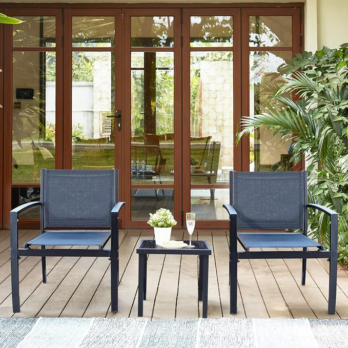Homall 3 Pieces Patio Furniture Set Outdoor Patio Conversation Textilene Bistro Set Modern Porch Lawn Chairs with Coffee Table for Home and Balcony (Black) - Image 6