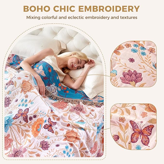 LUTBM Boho Throw Blanket for Bed Cotton Spring Blankets Twin Size for Bedroom Living Room All Season Lightweight Floral Butterfly Embroidery Quilt for Couch Sofa Chair 60"x80" Home Decor