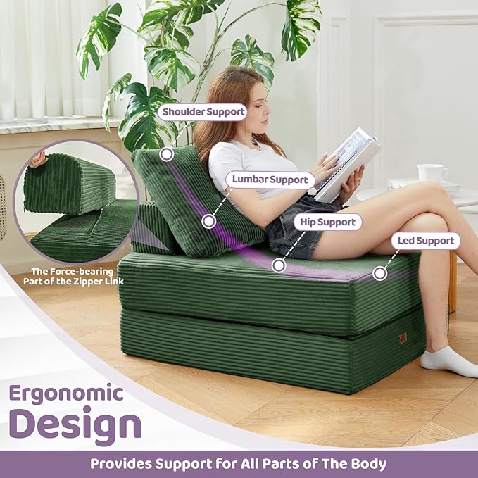 Folding Sofa Bed,3-in-1 Convertible Sleeper Chair Corduroy High-Density Foam with Pillow,Fold Out Chair Bed,Foldable Single Futon Chair for Living Room、Hotel,Single, Emerald Green