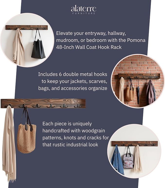 Alaterre Furniture Pomona Entryway Coat Hook – Modern Rustic 48-Inch Wall Mounted Coat Rack with 6 Hooks – Solid Wood and Space Saving for Jackets, Scarves & Bags in Mudroom or Hallway (Rustic Brown) - Image 3