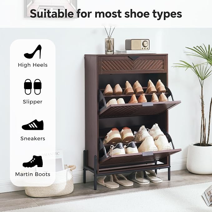 Shoe Cabinet Storage with 2 Flip Drawers, Narrow Hidden Shoes Organizer Cabinet for Entryway, Freestanding Slim Shoe Rack Front Door Entrance(Brown) - Image 3