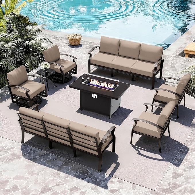 ALAULM Aluminum Patio Furniture Set with Propane Fire Pit Table 10-seat Metal Outdoor Furniture w/Fire Pit Patio Sectional w/5.1" Cushions for Patio, Backyard, Poolside-Sand