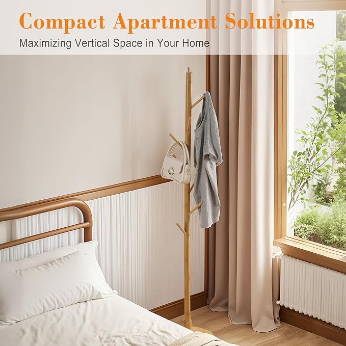 VECELO Coat Rack Freestanding, Entryway Hanger Stand, Umbrella Holder, Hall Tree With Hooks, Floor Standing Metal Tree Stand,Light Wood - Image 10