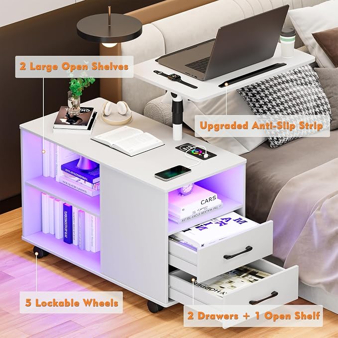 Gurexl 360° LED Nightstand with Wireless Charging Station for Bedroom, Movable Adjustable Bedside Table with Laptop Tray, Auto Sensor End Table with 24 Color Dimmable -White - Image 4