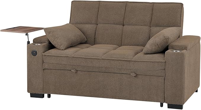 Eafurn Convertible Sleeper Sofa Bed with 360° Swivel Table & USB Ports, Tufted Chenille Loveseat Pull-Out Couch with Storage Armrest & Cup Holders, 6-Level Adjustable Backrest