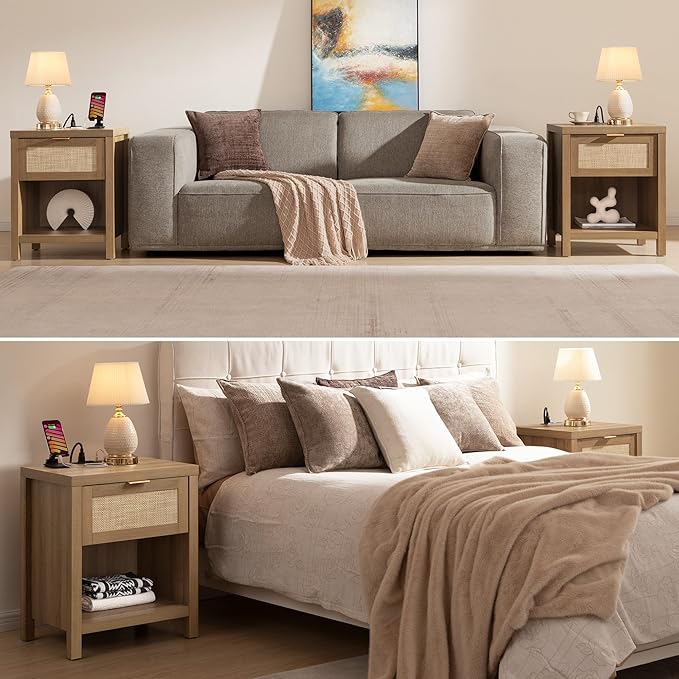 SICOTAS Rattan Night Stand with Charging Station - Farmhouse Nightstand with Type-C and USB Ports, Boho Accent Bed Side Table with Drawer and Open Shelf for Bedroom Small Space, Oak - Image 6