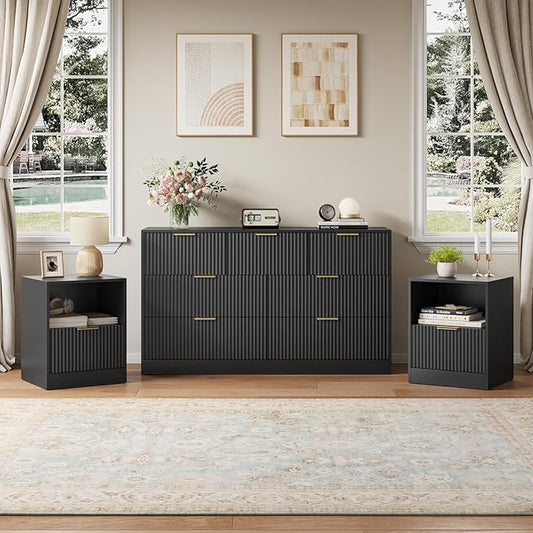 3 Pcs Black Dresser & Nightstand Set, 7 Drawer Dressers and Night Stand Set of 2 with Metal Handle, Fluted Modern Wood Chest of Drawers Storage Dressers Set for Bedroom, Black
