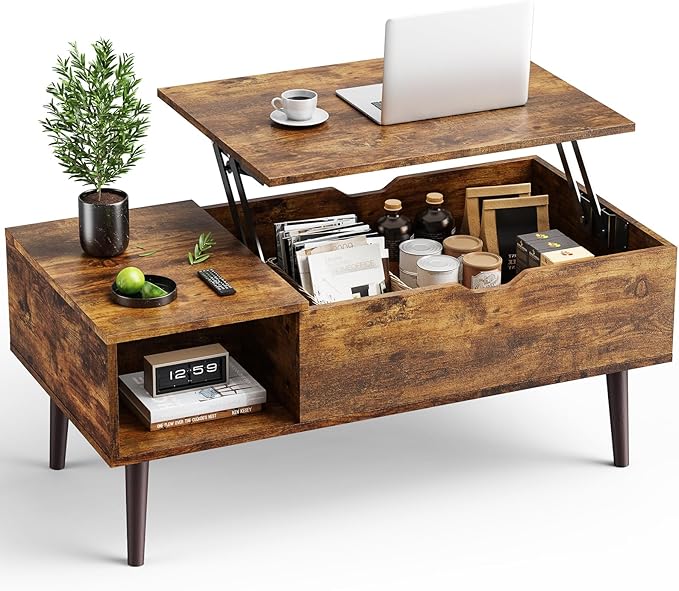OLIXIS Wooden Coffee Table, Lift Top Coffee Table with Large Hidden Compartment and Ample Storage Shelf, Lift Tabletop Dining Table for Living Room, Home Small Space, Rustic
