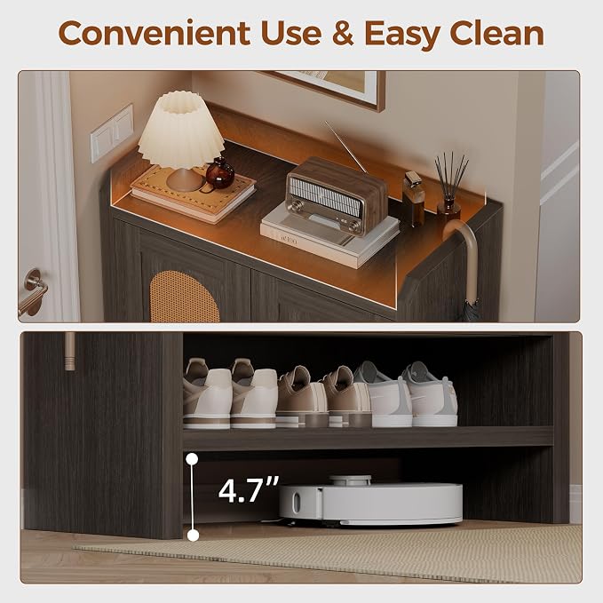 Mericonia 6-Tier Shoe Cabinet Storage for Entryway, Rattan Shoes Organizer Cabinets with Doors, Wooden Shoe Rack, Farmhouse Boho Wood Storage Cabinet (Black, 6-Tier) - Image 5