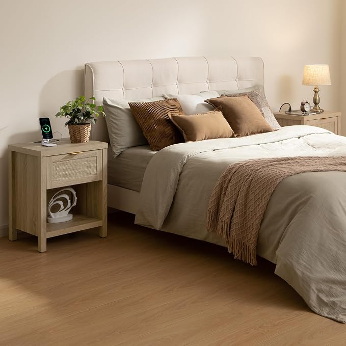 SICOTAS Night Stand with Charging Station - Rattan Nightstand with Type-C and USB Ports, Farmhouse Boho Bed Side Table with Drawer and Open Shelf for Bedroom Small Space, Light Oak - Image 7