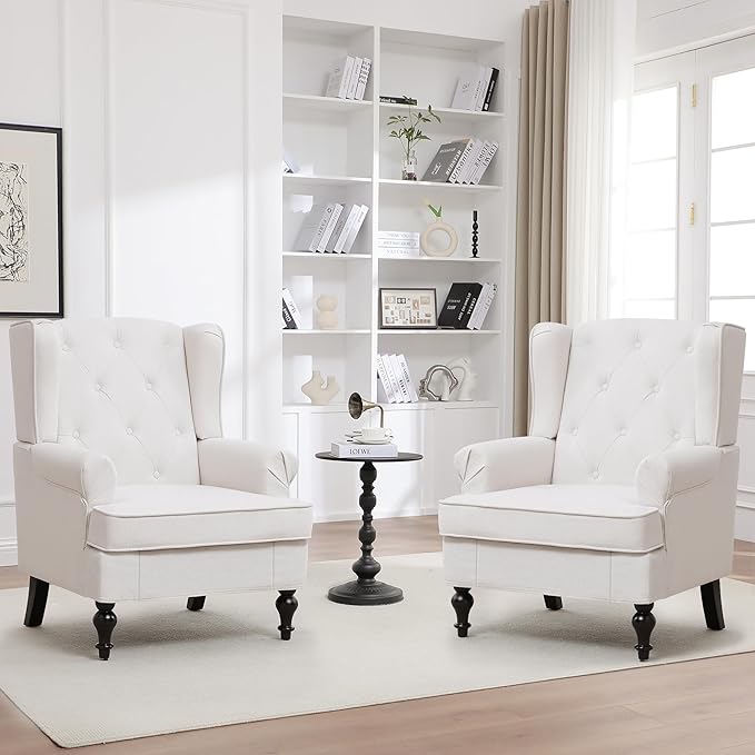 Accent Chair Set of 2, Mid Century Modern Fabric Wingback Chair, Upholstered Armchair with High Back and Vintage Legs, Comfy Single Sofa Side Reading Chair for Living Room Bedroom, Beige