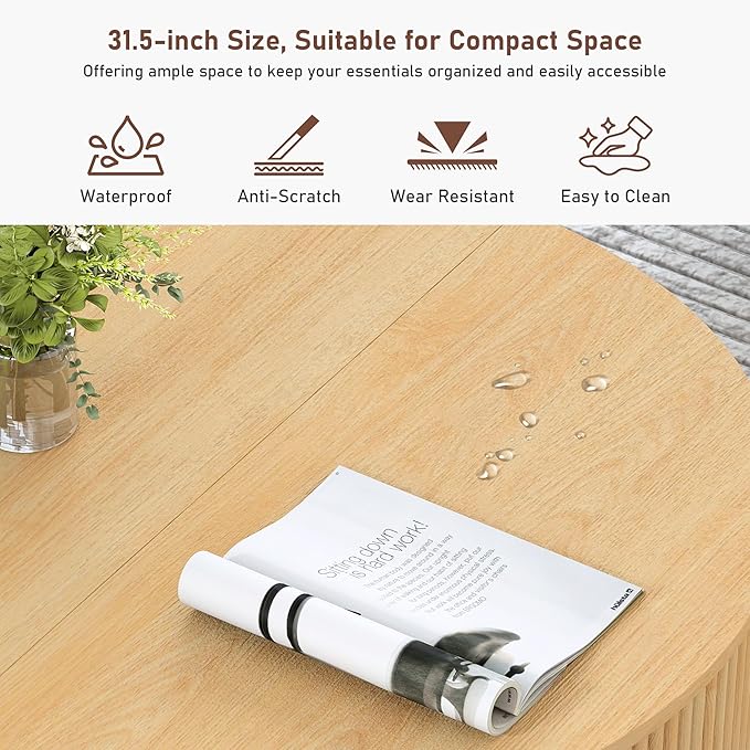 LEVNARY 31.5" Round Coffee Table with Storage, Boho Coffee Tables with Fluted Base, Wooden Circle Accent Center Table for Living Room Small Space Apartment Office (Natural)