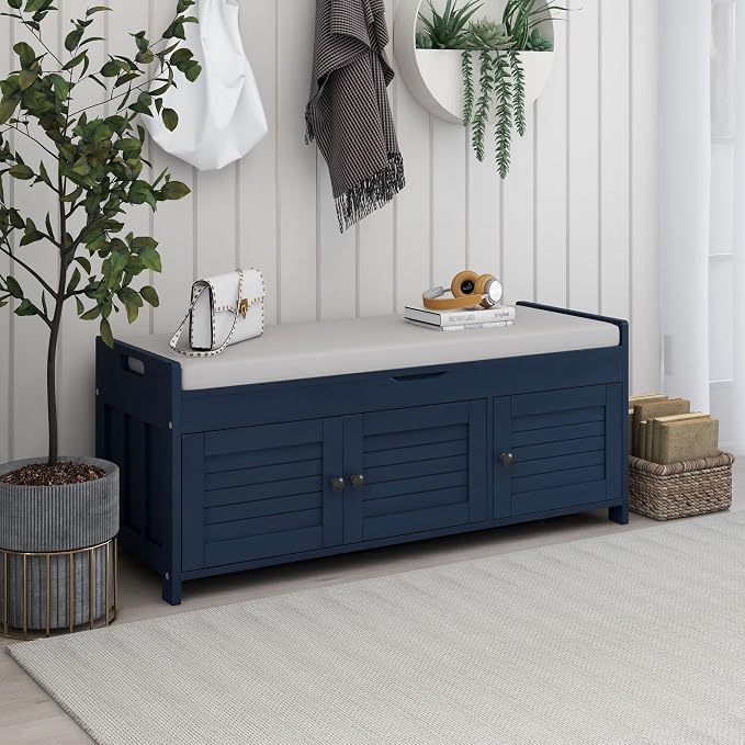 SOFTSEA Upholstered Storage Bench, Entryway Shoe Bench with Removable Cushion and Hidden Storage, Wooden Storage Ottoman with 3 Shutter-Shaped Doors for Entryway, Living Room, Bedroom, Blue by SOFTSEA
