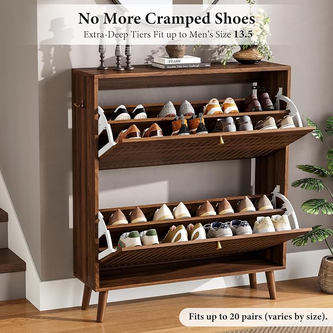 Nicetree Mid-Century Modern Slim Shoe Cabinet for Entryway, 9.5" Narrow Shoe Storage Cabinet with Architectural Arched Fluted Front, Entryway Shoe Storage with Adjustable Shelves,Classic Walnut - Image 3