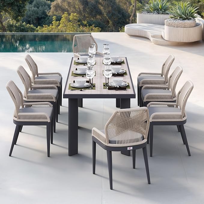 PURPLE LEAF 9 Pieces Patio Dining Set Aluminum Rectangular Table and Wicker Chairs with Cushions for Kitchen Porch Garden Modern Outdoor Furniture Sets, Beige and Dark Grey by PURPLELEAF