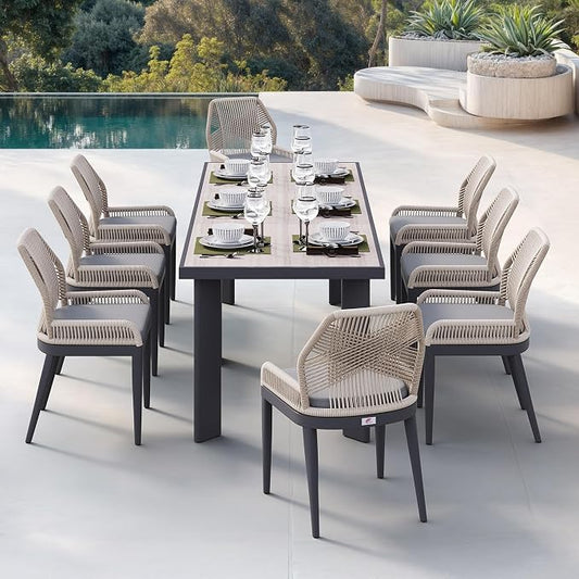 PURPLE LEAF 9 Pieces Patio Dining Set Aluminum Rectangular Table and Wicker Chairs with Cushions for Kitchen Porch Garden Modern Outdoor Furniture Sets, Beige and Dark Grey by PURPLELEAF