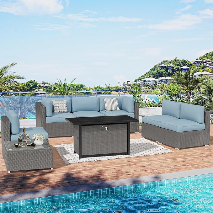 SUNCROWN Outdoor Patio Furniture Set 7 Piece Outdoor Sectional Sofa Grey Wicker Conversation Sofa Set with Coffee Table, Cushions and Fire Pit Table (Light Blue)