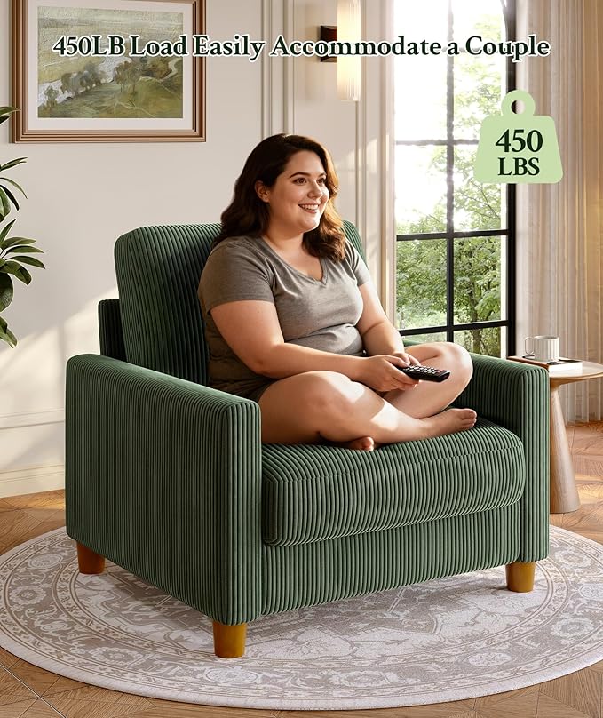 35.3" Couches for Living Room, Comfy Green Couch Single with 22.5" Deeper Seat, Accent Chair Tool-Free Setup, Reading Chair 440lbs Support, Corduroy Couch for Bedroom, Apartment, Office