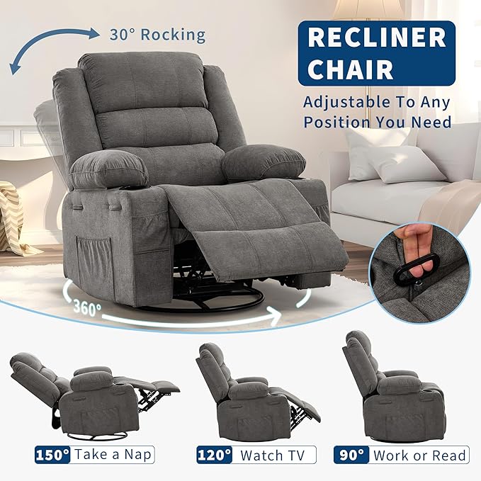 Rocking Recliner Chair for Adults Wide 360° Swivel Rocker Recliner with Cup Holder Nursery Glider with Upholstered Deep Seat Linen Lazy boy Chair for Living Room Grey