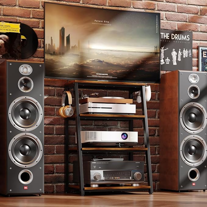 4-Tier AV Media Stand with 2 Hooks,Heavy Duty Stereo Cabinet Furniture-Large Stereo Rack and Game Console Stand,Wooden Record Player Stand,Audio Stand Perfect for DVD Players/Game Console/TV Box/Xbox - Image 5
