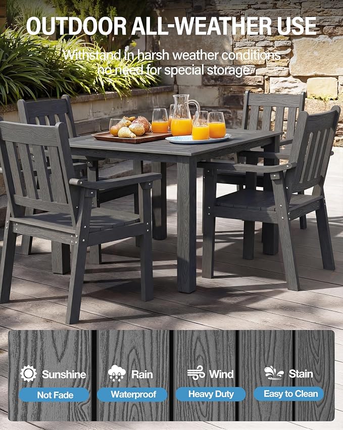 YEFU HIPS Patio Table Set: 5 Piece Outdoor Square Table and Chairs with Metal Aluminum Frame - Gray Modern Plastic Patio Dining Furniture Set 4 Person for Outside Deck - Image 3