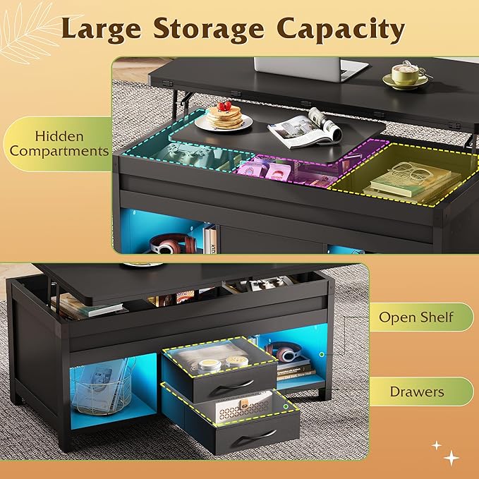 WLIVE 40" Lift Top Coffee Table, 4 in 1 Coffee Tables with Storage, 2 Fabric Drawers, LED Light and USB, Modern Coffee Table with Hidden Compartment for Living Room, Dining Room, Black