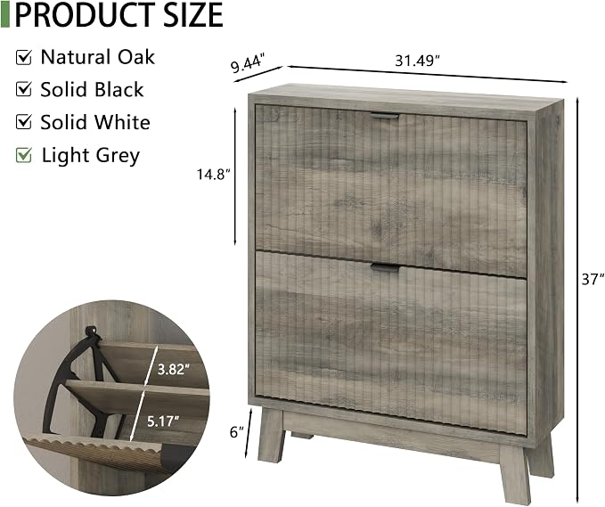 Xixini Shoe Cabinet with 2 Flip Drawers, 37" Tall Narrow Fluted Shoe Storage Organizer for Entryway, Hidden Slim Wooden Shoe Rack Cabinet for Front Door Entrance, Hallway, Living Room, Light Grey - Image 2