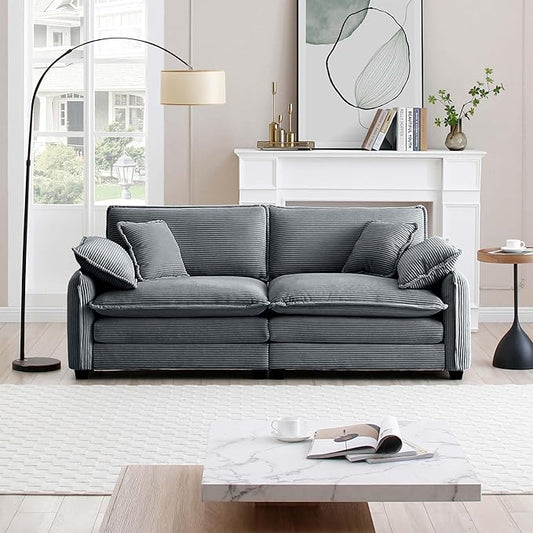 KEIKI 81" Oversized Corduroy Modular Sectional Loveseat Sofa with High-Density Foam Cushions, Removable Armrests, Upholstered Modern 2-Seater Fluffy Corner Couch with 4 Pillow, for Living Room, Grey