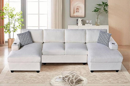 124-Inch Symmetrical Sectional Couch Wool Cloud Cushion Upholstered Sofas, U- Shaped Modular Sectional Sofa with Cup Holders and 2 Chaise Lounges for Living Room