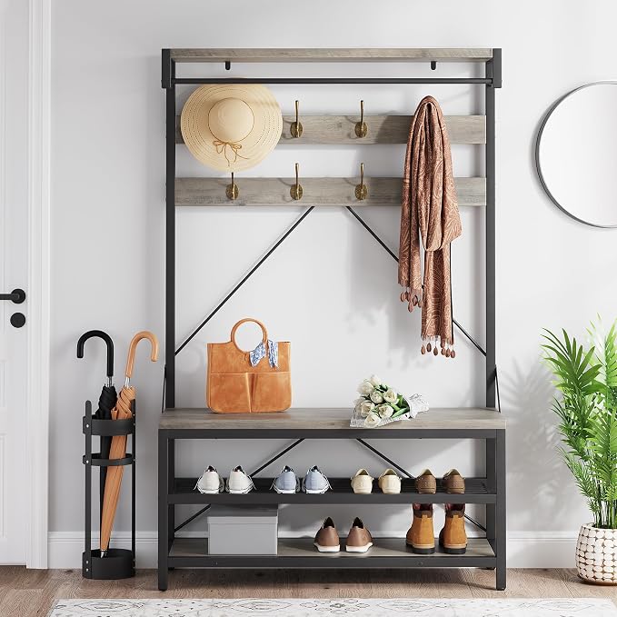 IDEALHOUSE Coat Rack Shoe Bench Industrial Hall Tree Storage Bench for Entryway Wood Look Accent Large Shoe Rack with Storage Shelf Hanging Bar,8 Hooks Grey 39.9"x15.7"x72" - Image 3