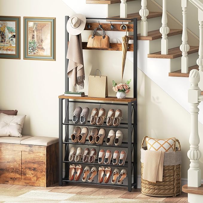HOOBRO Hall Tree with Bench, Narrow Shoe Rack with Coat Rack, Coat Rack with Shoe Storage, 5 Tier Slanted Shoe Storage Organizer, Coat and Shoe Rack Entryway, Slim Hall Tree, Rustic Brown BF20MT01 - Image 2