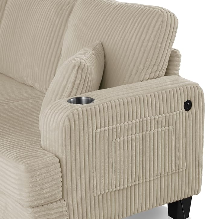 Homes: Inside + Out Reese Modern Plush Chenille Couch with Side Pockets, Cup Holders and USB Ports, Wooden Comfortable Sofa for Living Room, Bedroom and Office, Beige