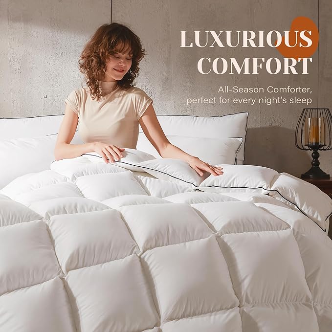 Goose Feather Down Fiber Cotton Comforter Twin Size, Ultra-Soft Duvet Insert, Hotel Collection White Quilted Comforter, All Season Bedding Comforter with 8 Corner Loops, 68x90 Inch
