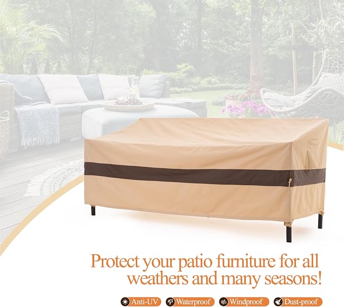 WJ-X3 3-Seater Patio Sofa Cover Waterproof, Heavy Duty Lawn Couch Cover UV Resistant, Porch Furniture Sets Cover Anti-Fading, High Wind Resistant, 93W x 42D x 42H Inches, Beige & Coffee - Image 7