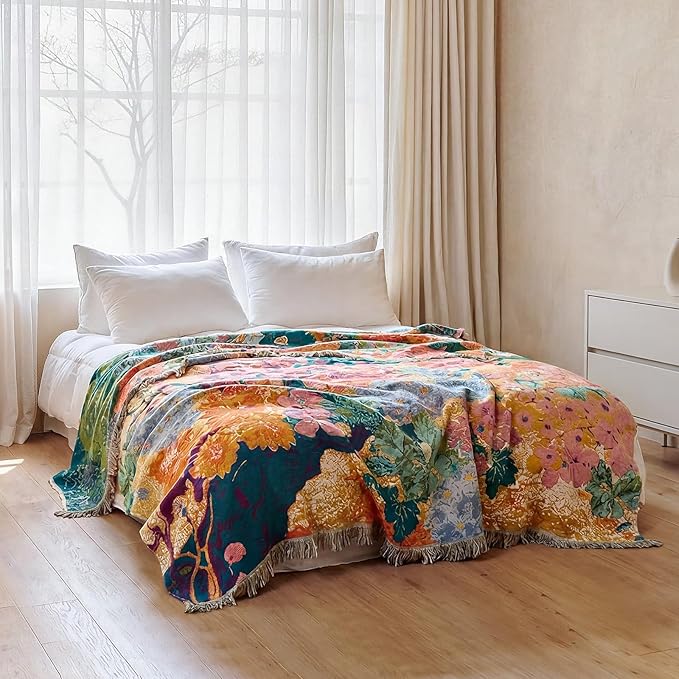 Boho Throw Blanket - 100% Cotton Throw Blankets for Bed Couch, 50"x60" Soft Muslin Lightweight Spring Throw Blanket, Cozy Oil Painting Bohemain Bedding Decor Green Throw Quilt