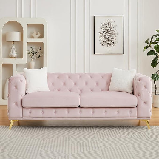 KEIKI 83" Luxury Oversized Velvet Chesterfield Sofa with 2 Pillows, Mid-Century Style 3-Seater Tufted Buttons Couch with High-Density Foam Cushions, Easy Assembly, for Apartment, Living Room, Pink
